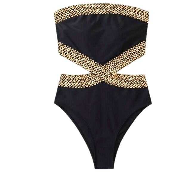 Cut-Out Black One-Piece Swimsuit w/ Gold Mesh Detail | NWOT | Small - Picture 2 of 9